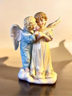 Porcelain Boy and Girl Angels Figurine Vintage Style 6.5 Inch Decor